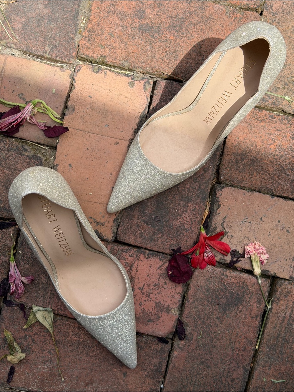STUART WEITZMAN Champagne Glitter Pointed-Toe Pumps Silver Sparkly 9.5 40